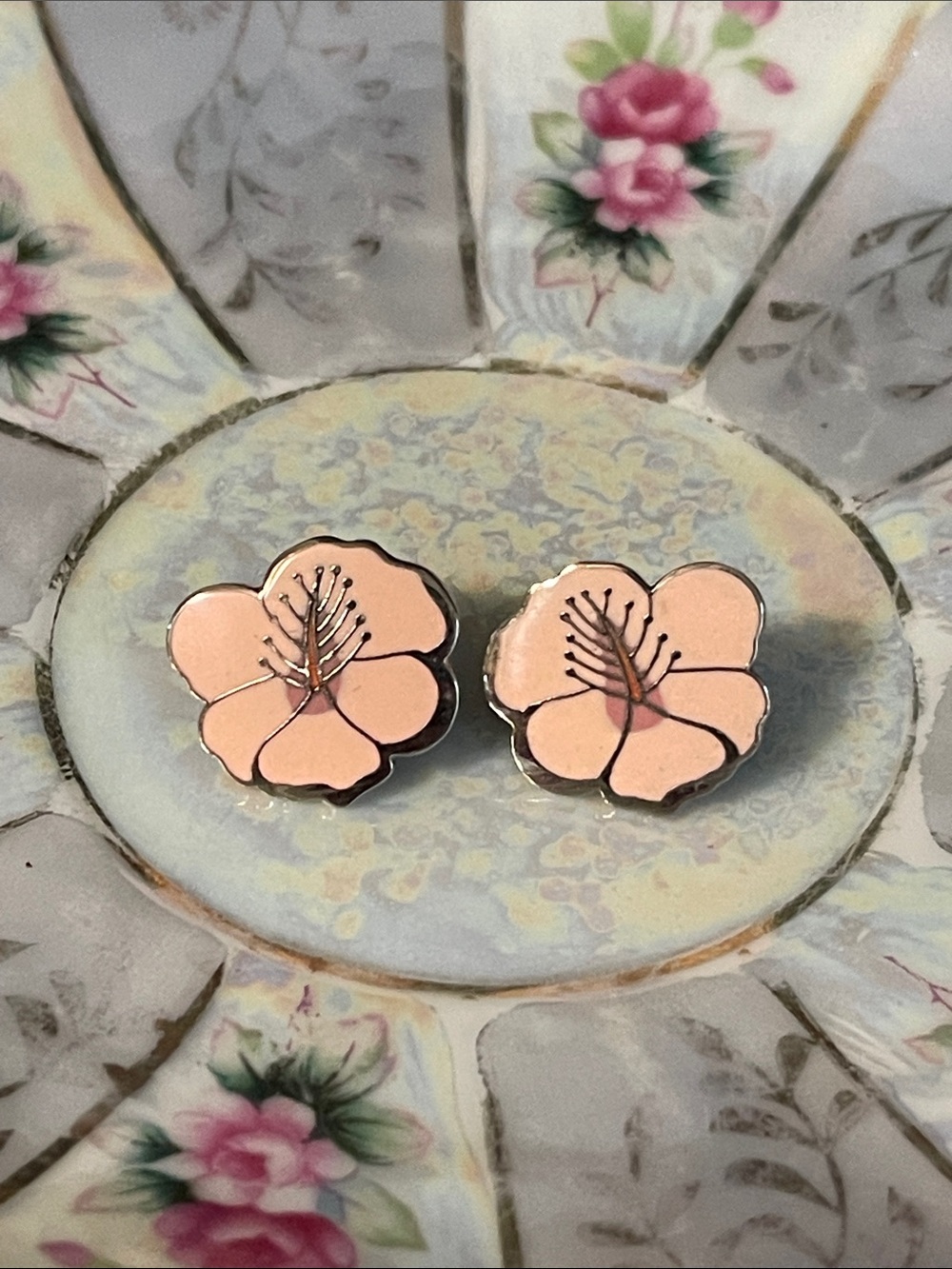 Vintage Laurel Burch “Hibiscus” Enamel Pierced Earrings